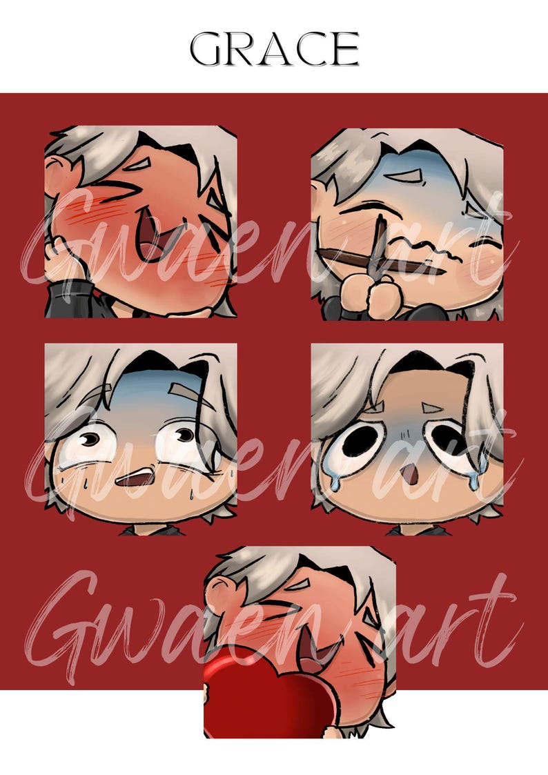 May include: A red background with five cartoon-style illustrations of a character with white hair and various facial expressions. The word "GRACE" is at the top, and "Gwaen art" is written in cursive at the bottom.