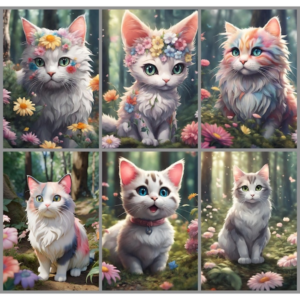 Fantasy Cats, Enchanted Forest, Watercolour Cats, 300dpi PNG, Cat Illustrations, Cat Clipart, 3000x3000px, Commercial Use, Instant Download