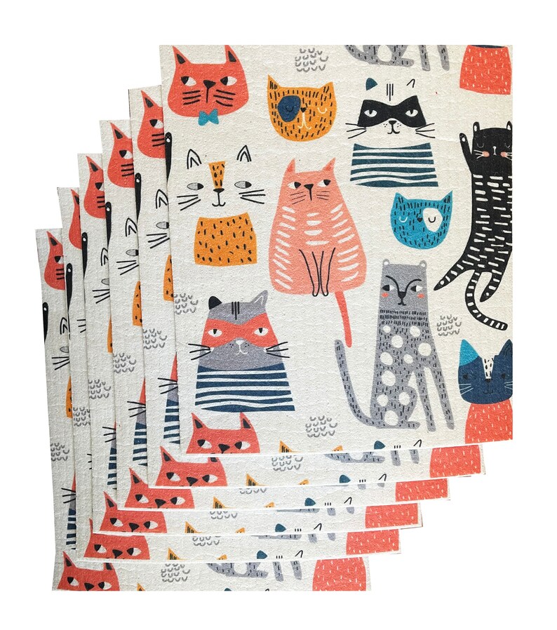 3 PACK Modern Cat pattern Eco-Friendly Swedish Dishcloths Cellulose Sponge Cloths