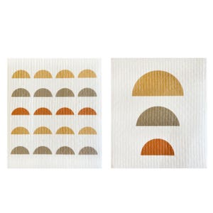 May include: Two kitchen cloths with a geometric pattern of half circles in shades of brown, orange, and yellow.