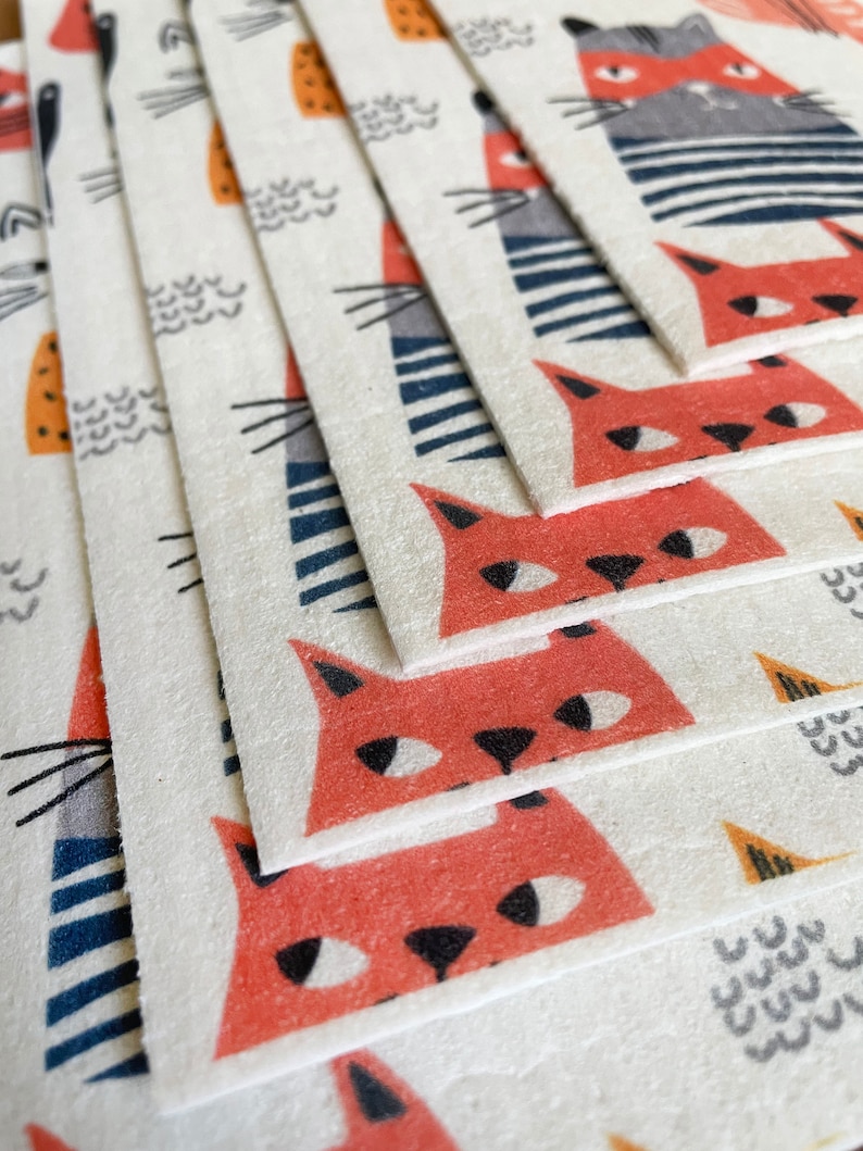 3 PACK Modern Cat pattern Eco-Friendly Swedish Dishcloths Cellulose Sponge Cloths