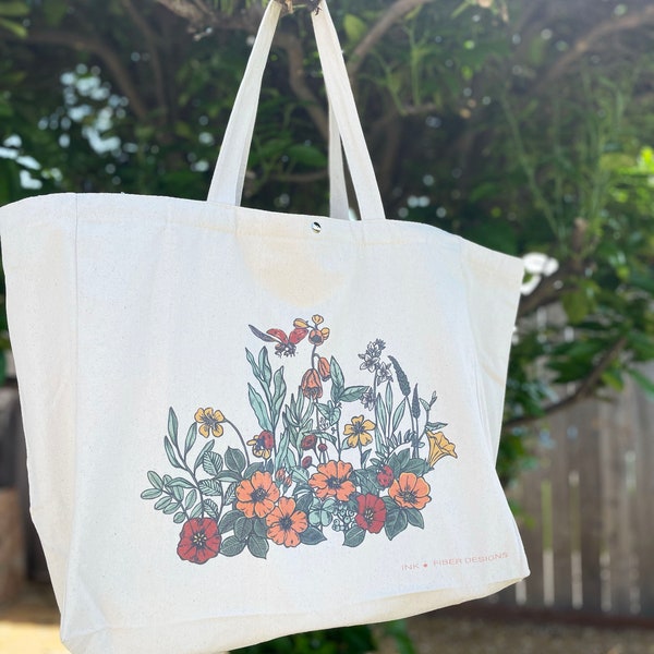 Wildflower Tote Floral Tote Extra Large Tote Reusable Grocery Bag  Zippered Tote Farmer's Market Tote Market Bag Gift for Gardener