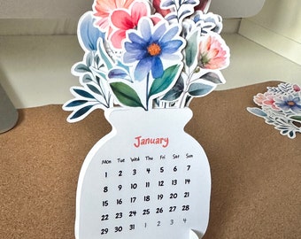 Printable Flowers Desk Calendar 2024, PNG for cutting machine, Printable PDF