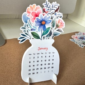 Printable Flowers Desk Calendar 2024, PNG for cutting machine, Printable PDF