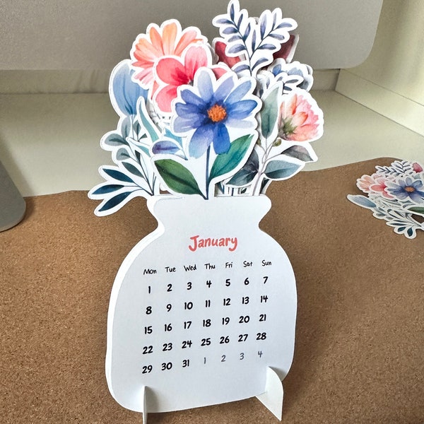 Druckbarer Blumen Tischkalender 2024, PNG für Schneidemaschine, Printable PDF