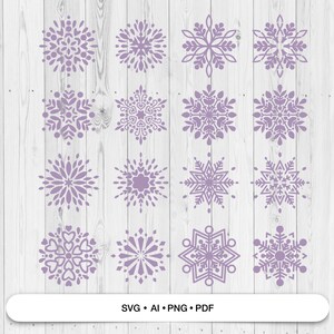 May include: A collection of 12 lavender snowflake designs in various styles. The snowflakes are displayed on a white wooden background. The bottom of the image includes the text "SVG • AI • PNG • PDF".