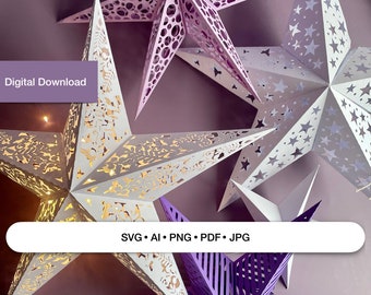 Peut inclure: Cinq étoiles en papier dans différentes nuances de violet, blanc et rose clair. Les étoiles sont découpées avec des motifs complexes et ont un effet 3D. Le texte "SVG • AI • PNG • PDF • JPG" est affiché sur une bannière blanche.