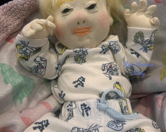 OOAK Newborn Baby Girl Cloth Doll Handmade Awake Gold Brown Eyes Purple ...