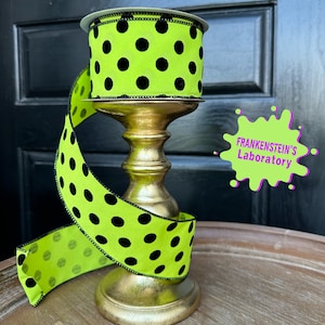 Lime Dot 2.5” Vickerman Ribbon, Halloween Ribbon, Halloween Decor Supplies, Wreath Making Supplies, Tree Sprays