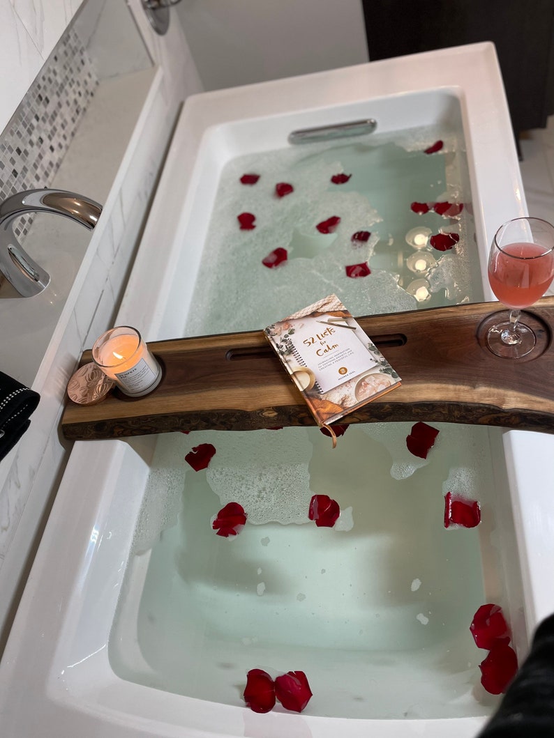 Personalized Live Edge Wood Bath Caddy • Walnut or Cherry Bath Spa Tray ...