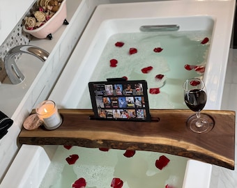 Bath Caddy | Luxurious personal spa made using Cherry or Walnut live edge boards and a water proof non-toxic finish.