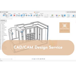 May include: A computer-generated design of a kitchen cabinet set, displayed on a computer screen. The image includes the text "CAD/CAM Design Service" and the logo of "Decophoria".