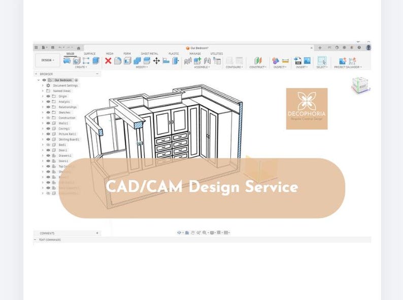 May include: A computer-generated design of a kitchen cabinet set, displayed on a computer screen. The image includes the text "CAD/CAM Design Service" and the logo of "Decophoria".