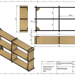 May include: A detailed technical drawing of a shelf design. The drawing includes multiple views of the shelf, with dimensions in millimeters. The shelf is made of hardwood plywood, 9mm thick, and left in a natural state. The design includes three shelves.
