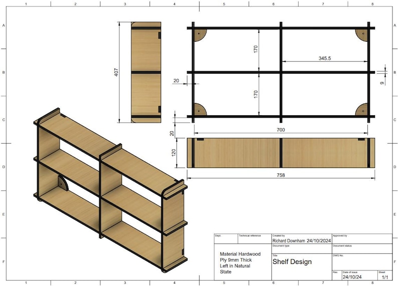 May include: A detailed technical drawing of a shelf design. The drawing includes multiple views of the shelf, with dimensions in millimeters. The shelf is made of hardwood plywood, 9mm thick, and left in a natural state. The design includes three shelves.