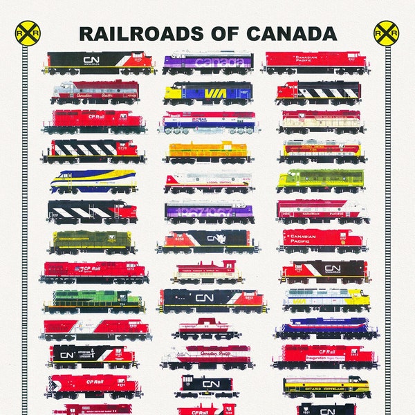 Rail Roads of Canada, A modern Illustration on heavy cotton canvas, 45 x 65 cm, 18 x 24" approx.