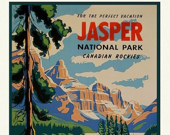 Parque Nacional Jasper, Ferrocarriles Nacionales canadienses, Cartel de viaje sobre lona de algodón pesado, 22x27&quot; aprox.