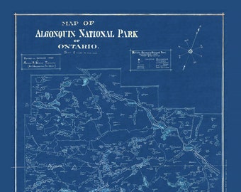 Historic Algonquin Park Map, auth.  Arthur Brown, 1925 Cyanotype , map on heavy cotton canvas, 20x27&quot; approx.