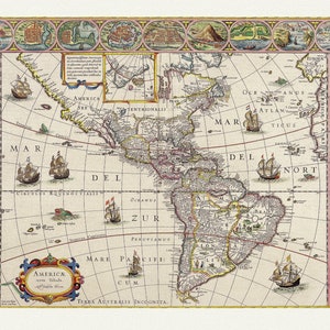 America with those known parts in that unknowne worlde both people and manner of buildings, 1662, map on heavy cotton canvas, 22x27" approx.