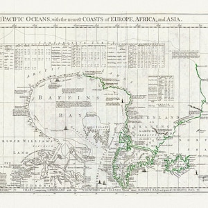 Gráfico que contiene parte del mar helado, Groenlandia, Islas sobre la bahía de Baffins y la bahía de Hudsons, 1776 , mapa sobre lienzo de algodón pesado, 22x27" aprox.