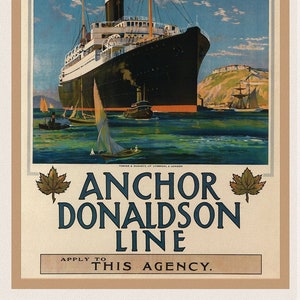 Canada, Anchor Donaldson Line, 1920, affiche de voyage sur toile de coton épaisse, 50 x 70 cm, 20 x 25 po. env.