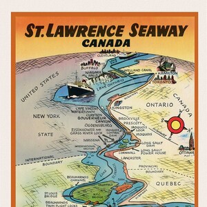 Voie maritime du Saint-Laurent Canada , carte sur toile de coton durable, 50 x 70 cm, 20 x 25 » env.