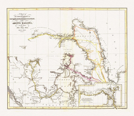 The Discoveries in the Arctic Regions by Ross et Franklin, 1818-1822, map on heavy cotton canvas, 50 x 70 cm, 20 x 25" approx.