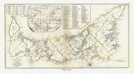 PEI:Gulf of St. Lawrence, Prince  Edward Island, Jefferys auth.,1776 , map reprinted on durable cotton canvas, 50 x 70 cm or 20x25" approx.