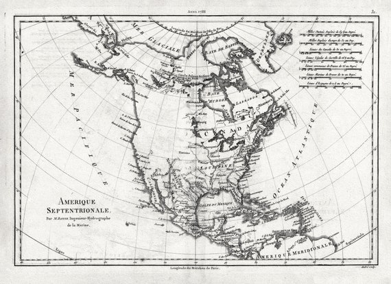 Bonne, Amérique septentrionale, 1788 , map on heavy cotton canvas, 22x27" approx.