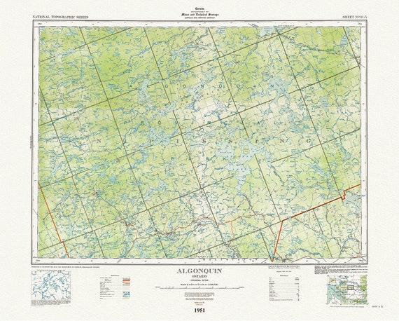 Historic Algonquin Park Map, National Topographic Series, Algonquin, 1951 , map on heavy cotton canvas, 45 x 65 cm, 18 x 24" approx.