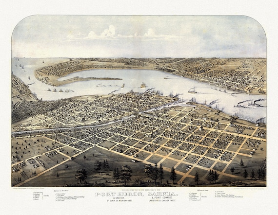 View of the City of Port Huron, Sarnia & Gratiot, Michigan, Point Edwards, Lambton Co., Canada West, 1867, canvas, 22x27"