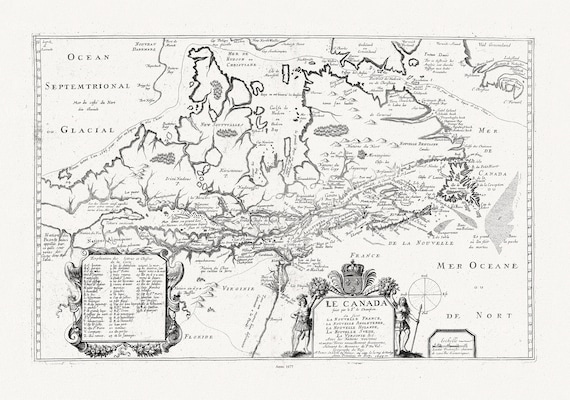 Le Canada,, 1677, Du Val auth. , map on durable cotton canvas, 50 x 70 cm, 20 x 25" approx.