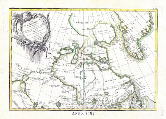 Canada North, Rigobert Bonne auth., 1783, map on heavy cotton canvas, 50 x 70 cm, 20 x 25" approx.