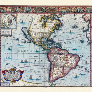 Goos-Amerika mit den bekannten Teilen in dieser unbekannten Welt sowohl Menschen und Art der Gebäude, 1627, Karte auf schwerer Baumwollleinwand, 22x27in