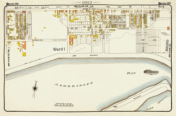 Plate 103, Toronto East, The Beach, Ashbridges Bay, 1913, map on heavy cotton canvas, 20 x 30" or 50 x 75cm. approx.