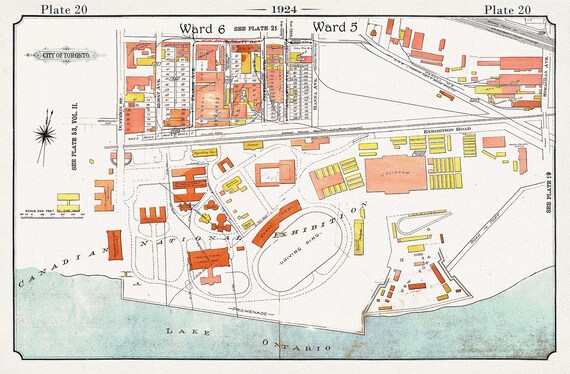 Plate 20, Toronto Downtown Harbour Lands West  to Canadian National Exhibition Grounds, 1924, map on heavy cotton canvas, 20 x 30" approx.