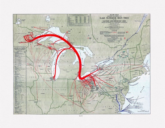 Flow map showing movement of Lake Superior iron ores with locations of consuming furnaces, 1951 , map on heavy cotton canvas, 22x27" approx.