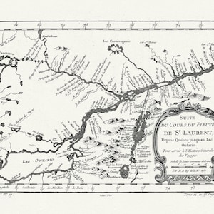 Du Cours du Fleuve de St. Laurent, 1764, Bellin auth., mappa su tela di cotone pesante, 50x70cm (20 x 25") ca.