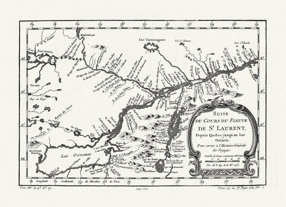 Du Cours du Fleuve de St. Laurent, 1764, Bellin auth., map on heavy cotton canvas, 50x70cm (20 x 25") approx.