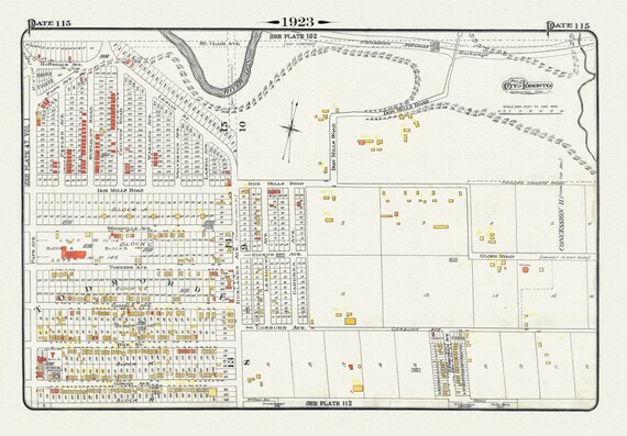 Plate 115, Toronto East York, Donlands & O'Connor Ave., 1923, Map on heavy cotton canvas, 18x27in. approx.