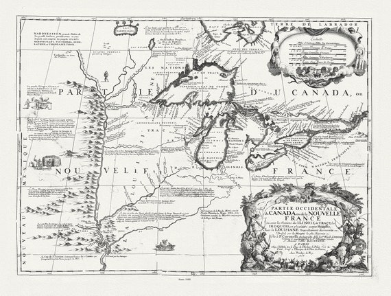 Partie occidentale du Canada ou de la Nouvelle France ou sont les Nations des Ilinois, avec la Louisiane, Coronelli, 1688, canvas 20 x 25"