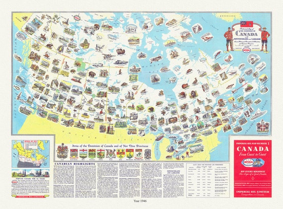 Pictorial map of the dominion of Canada with Newfoundland and Labrador Scenic, historic, recreationa, economic resources, 1946, Turner auth.