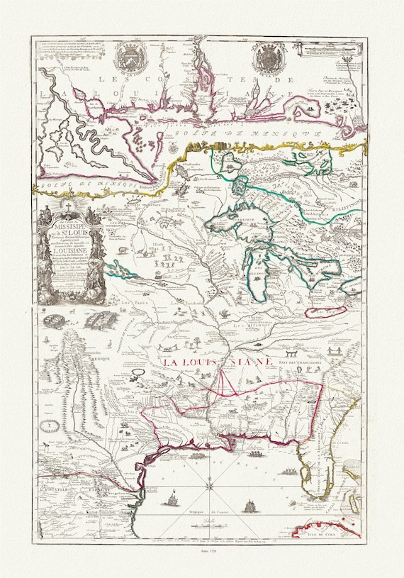 Composite Le cours de Missisipi, ou de St. Louis (with) Partie meridionale de la Riviere de Missisipi.,1720, on heavy canvas,22x27" approx.