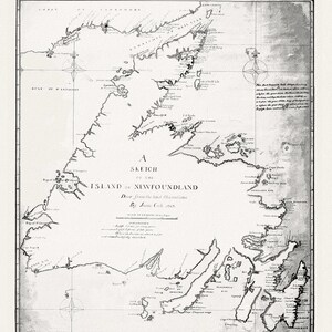 Eine Skizze der Insel Neufundland.Cook. 1763, Karte auf schwerer Baumwollleinwand, 45 x 65 cm, 18 x 24" ca.