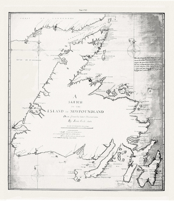 A sketch of the island of Newfoundland.Cook. 1763 , map on heavy cotton canvas, 45 x 65 cm, 18 x 24" approx.