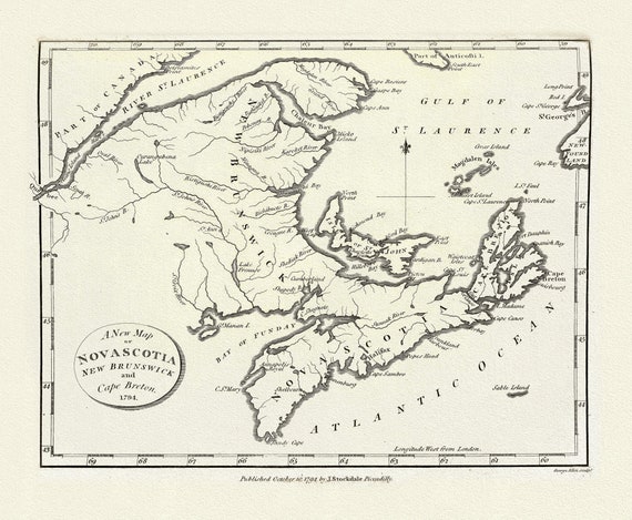 A New Map of Nova Scotia, New Brunswick and Cape Breton, 1794, on heavy cotton canvas, approx. 18x27"