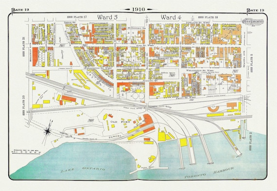 Plate 19, Toronto West, Waterfront, Foot of Bathurst St., 1910, map on heavy cotton canvas, 20 x 30" approx.