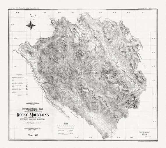 Topographical map of part of the main range of the Rocky Mountains adjacent to the Canadian Pacific Railway, 1903, Canvas  20 x 25" approx.