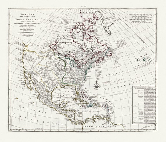 Bowles's new pocket map of North America, divided into it's provinces, colonies, states, &c.,1784 Ver.2 , on cotton canvas, 20 x 25" approx.