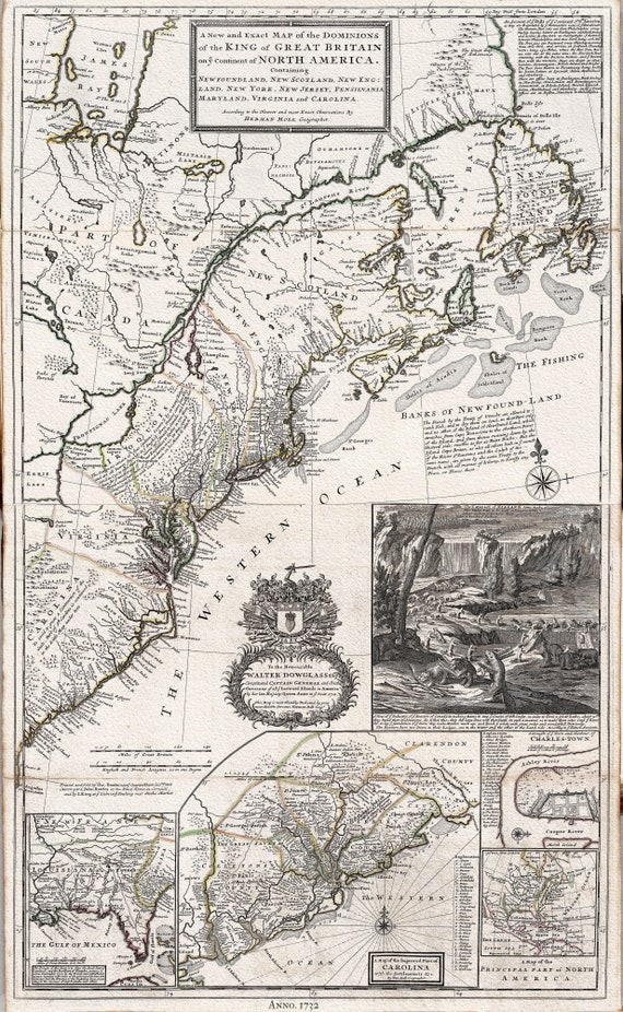 British America, 1732 Moll auth., map on durable cotton canvas, 50 x 70 cm, 20 x 25" approx.